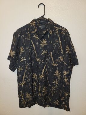 Marc Edwards Men's Medium 100% Silk Bamboo Hawaiian Aloha Shirt Black
